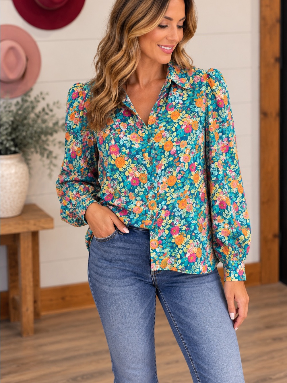 Sundance Teal Floral Button-Down Blouse